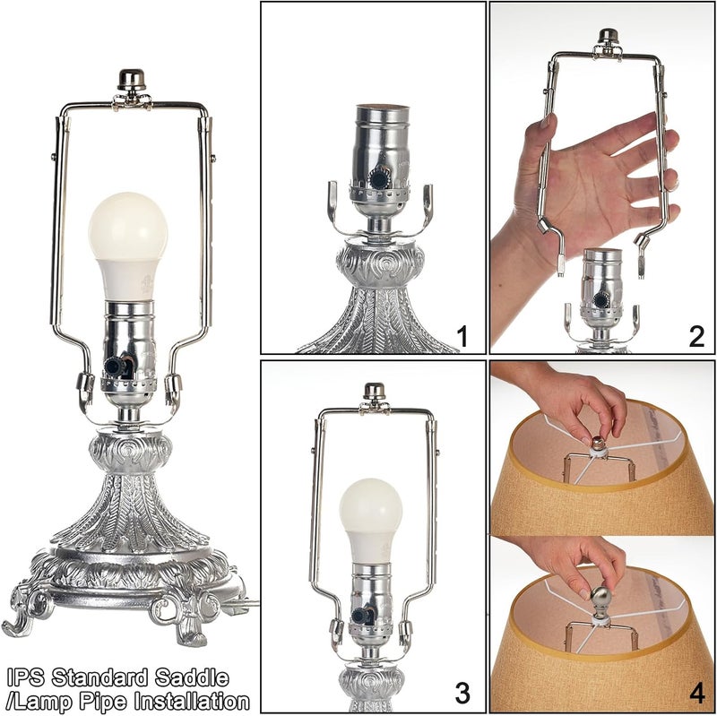 EMNOOTI 7 8 9 10 inch Lamp Shade Harp Holder,Adjustable Lamp Harp Kit,Fit Both Standard Lamp Rod and E26 Light Base UNO Fitter Adapter,with 2 Shade Attaching Finial Top (Silver Color - 2 Set) - Image 3